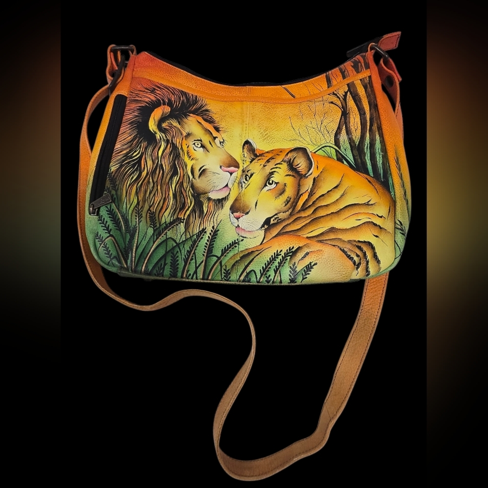 Anuschka Hand-Painted Leather Crossbody Bag featuring the "Lion in Love" artwork